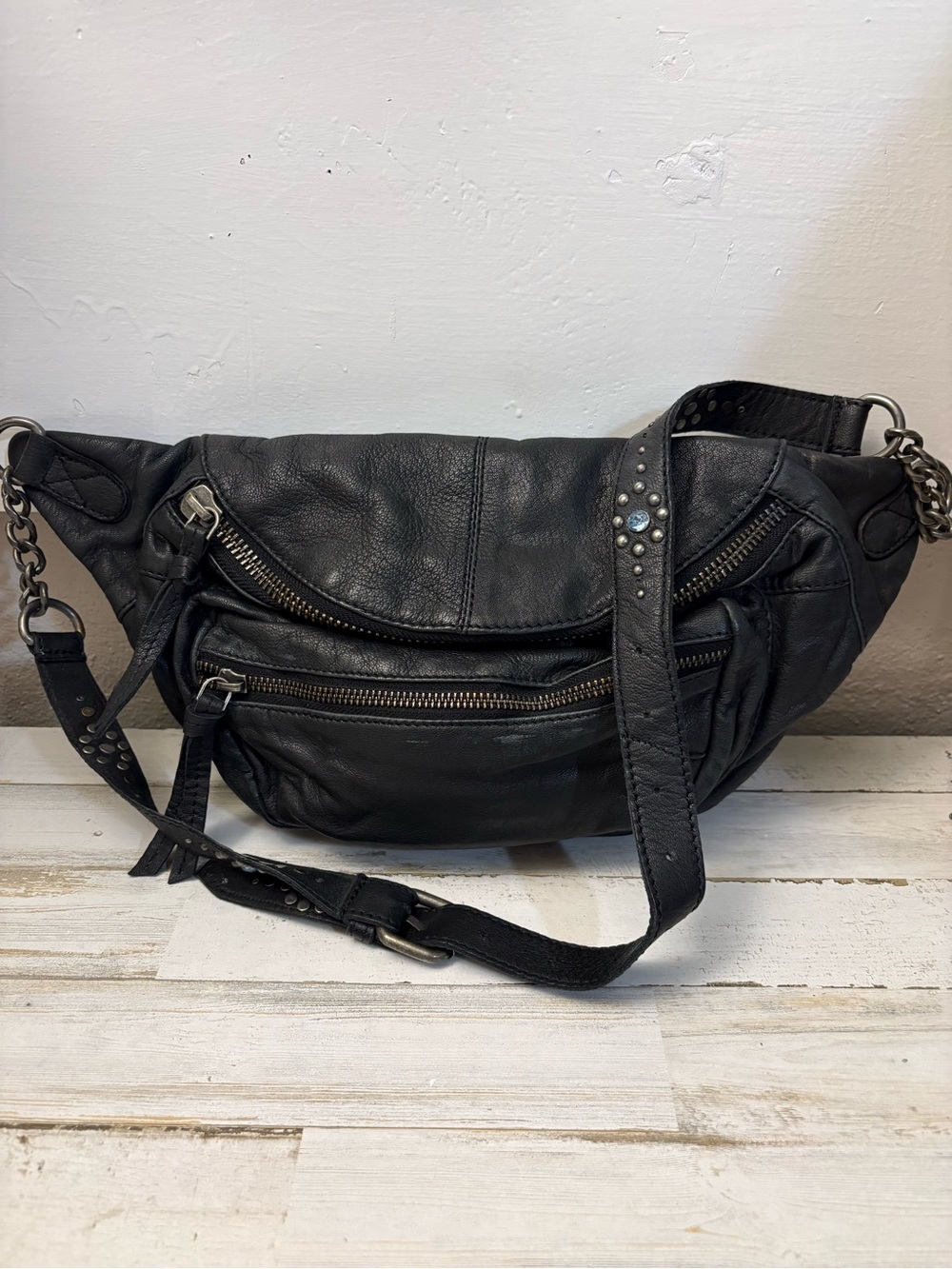 Free People Black Leather Crossbody Bag with Studded Strap